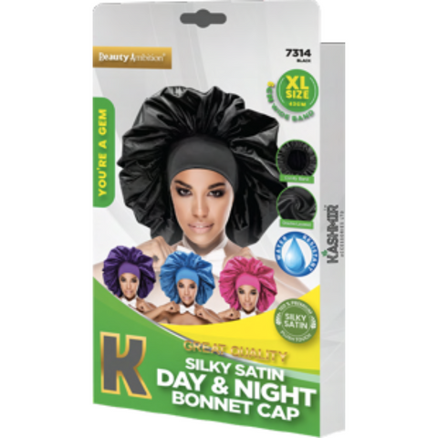 Beauty Ambition Black Silky Satin Day & Night Bonnet Cap 43cm XL 7314