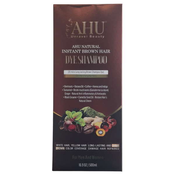 AHU Natural Instant Brown Hair Dye Shampoo 500ml – 3-in-1 Herbal Grey Coverage