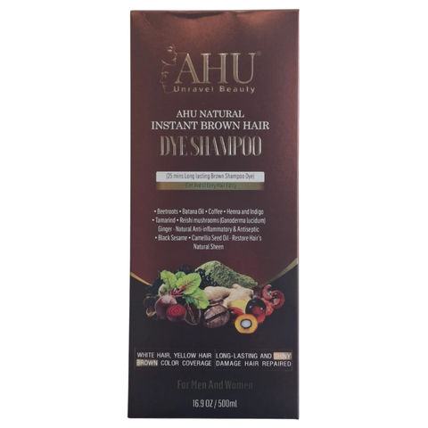 AHU Natural Instant Brown Hair Dye Shampoo 500ml – 3-in-1 Herbal Grey Coverage