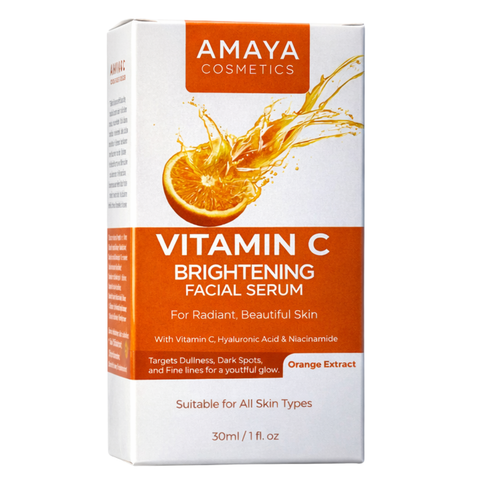 Amaya Cosmetics Vitamin C Brightening Facial Serum packaging with an orange extract illustration on a white background