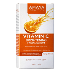 Amaya Cosmetics Vitamin C Brightening Facial Serum packaging with an orange extract illustration on a white background