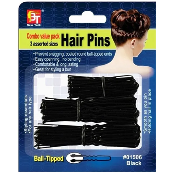 Beauty Town Hair Pins Black – 3 Assorted Sizes Ball-Tipped #01506