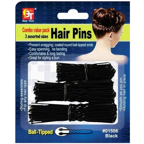 Beauty Town Hair Pins Black – 3 Assorted Sizes Ball-Tipped #01506
