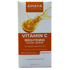 Amaya Cosmetics Vitamin C Brightening Facial Serum packaging with an orange extract illustration on a white background.