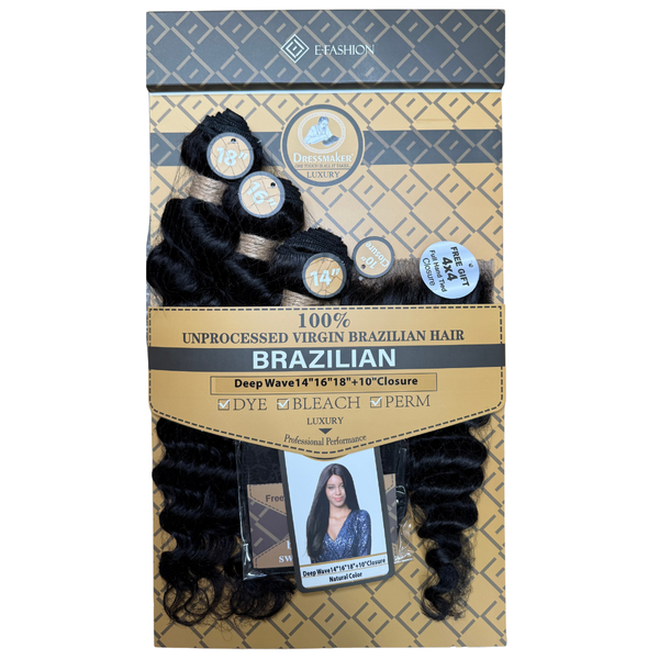 Dressmaker Luxury Brazilian Deep Wave Human Hair Bundle 14” 16” 18” + 10” Closure - Natural Colour