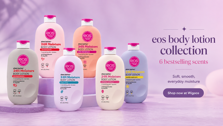 Six EOS body lotion bottles in assorted pastel colors are arranged on a lavender platform against a soft purple background. Text on the right reads 'eos body lotion collection' and '6 bestselling scents' with a 'Shop now at Wigoos' button.