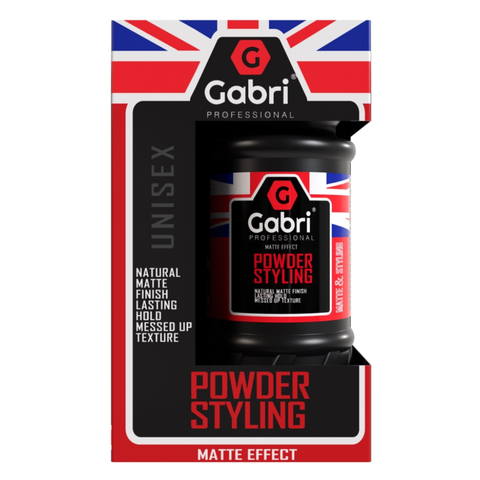 Gabri Powder Styling product packaging with Union Jack design on a white background