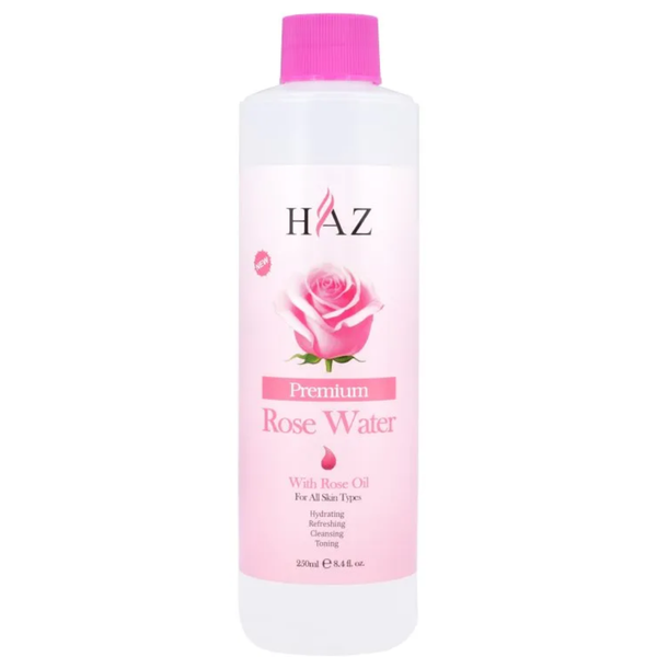 HAZ Premium Rose Water bottle with a pink cap and a pink label featuring a rose graphic, on a white background.